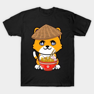 Funny orange cat is eating noodles T-Shirt